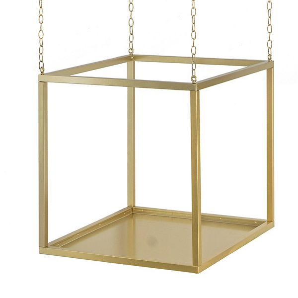 16 Inch Modern Iron Plant Stand, 4 Chains, Open Cube Design, Gold Finish Benzara