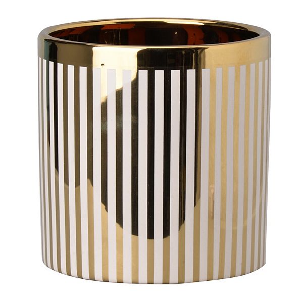 Ceramic Cylindrical Planter With Strips Pattern, White And Gold Benzara