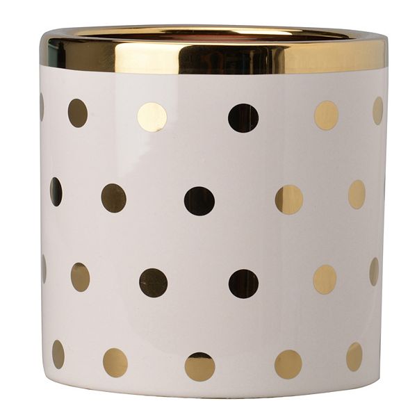 Ceramic Cylindrical Planter With Polka Dots Pattern, White And Gold Benzara