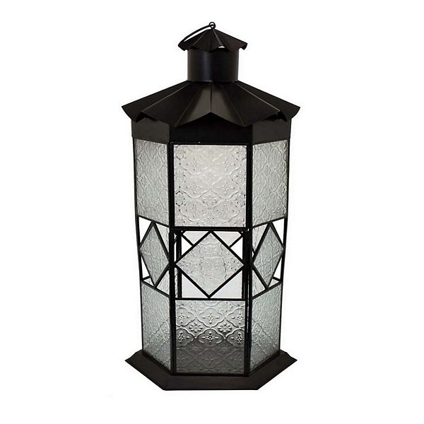 23 Inch Modern Decorative Lantern, Hexagonal Glass Case, Black Metal Benzara