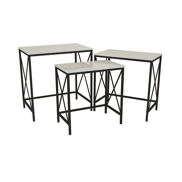 Zoe Plant Stand Table Set Of 3, Metal, Rectangular Marble Top, Black Metal Benzara