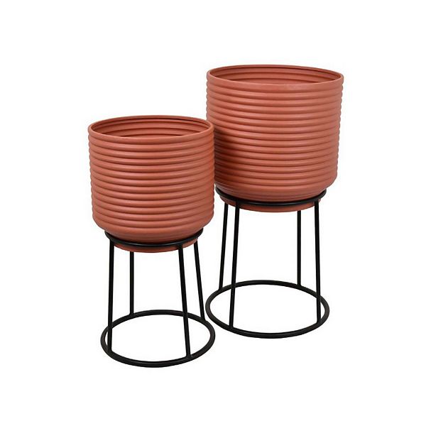 24 Inch Metal Planters With Stand, Set Of 2, Terracotta And Black Benzara