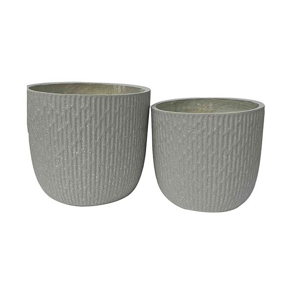 14 Inch Planter Set Of 2, Drum Shape, Engraved Design, Textured Green Benzara