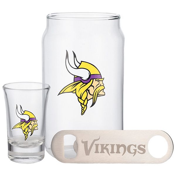 The Memory Company Minnesota Vikings Three-Pack Beer Glass, 2oz. Shot Glass & Bottle Opener Set The Memory Company