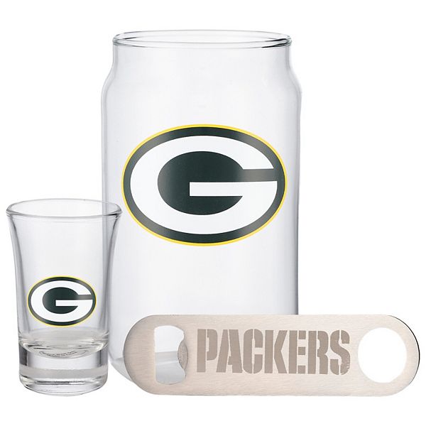 The Memory Company Green Bay Packers Three-Pack Beer Glass, 2oz. Shot Glass & Bottle Opener Set The Memory Company