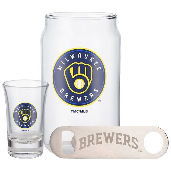 The Memory Company Milwaukee Brewers Three-Pack Beer Glass, 2oz. Shot Glass & Bottle Opener Set The Memory Company