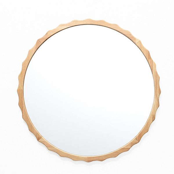 LuxenHome 31.5-Inch Round Natural Rubberwood Scalloped Frame Wall Mirror Luxen Home