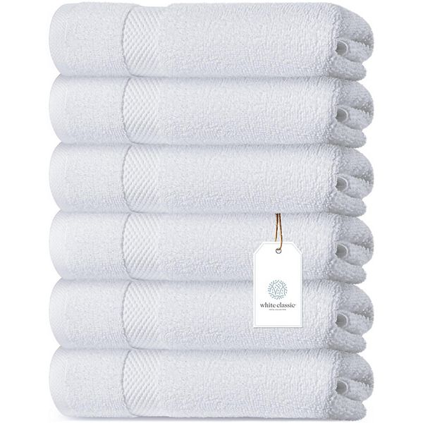 White Classic Luxury 100% Cotton Hand Towels Set of 6 - 16x30" White Classic