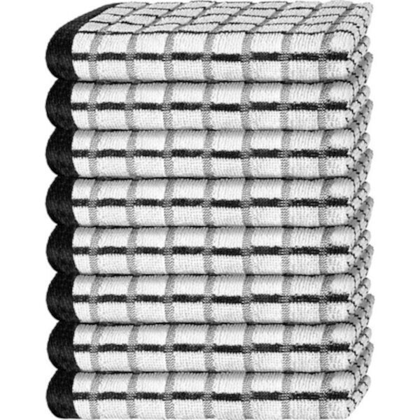 White Classic 100% Cotton Checkered Design Kitchen Towel Set of 8 - 16x26" White Classic