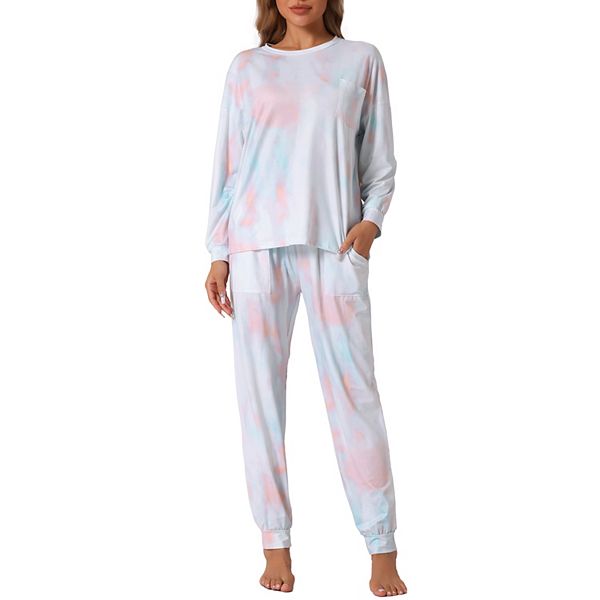 Women's Pajamas Cotton Tie Dye Long Sleeve Round Neck Front Pocket Drawstring Long Pants Loungewear INSPIRE CHIC