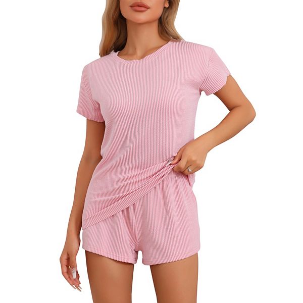 Women's Pajamas Short Sleeves Tops with Shorts Ribbed Knit Casual Loungewear PJ Sets INSPIRE CHIC