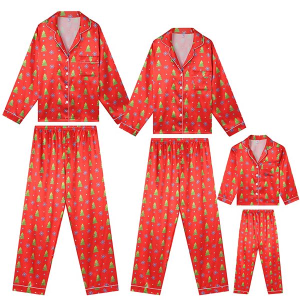 Satin Long Sleeve Button Down Pjs Tree Print Sleepwear Pajamas Sets for Children Cheibear