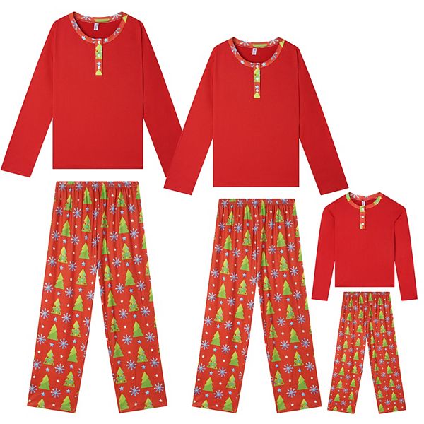 Long Sleeve Button Up Pjs Tree Print Festival Party Sleepwear Pajamas Sets for Children Cheibear