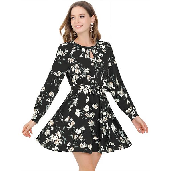 Women's Floral Keyhole Chiffon Long Sleeves Belted Spring A-Line Mini Dress INSPIRE CHIC