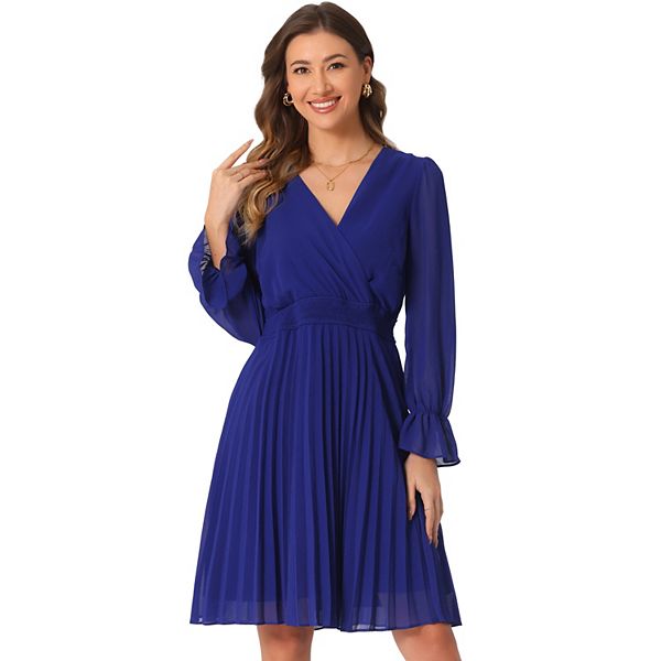 Pleated Dress for Women's Smocked V Neck Long Sleeve Dress INSPIRE CHIC