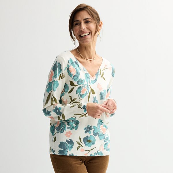 Women's Croft & Barrow® Printed V-Neck Pullover Croft & Barrow