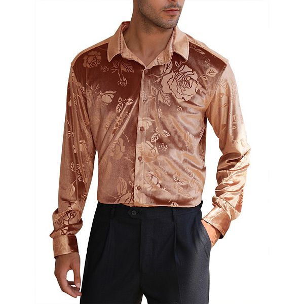 Men's Velvet Shirts Floral Printed Rose Shirts Long Sleeve Button Down Dress Wedding Party Shirts Kojooin