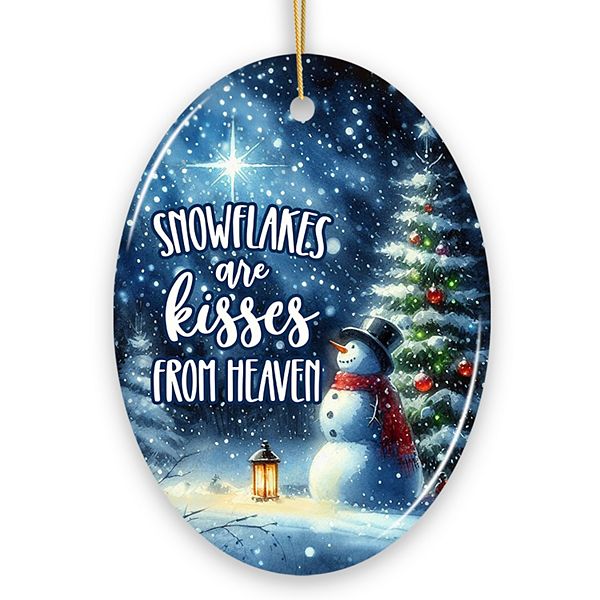 Snowflakes are Kisses from Heaven Ornament, Snowman in Magical Night Remembrance Gift, Oval OrnamentallyYou