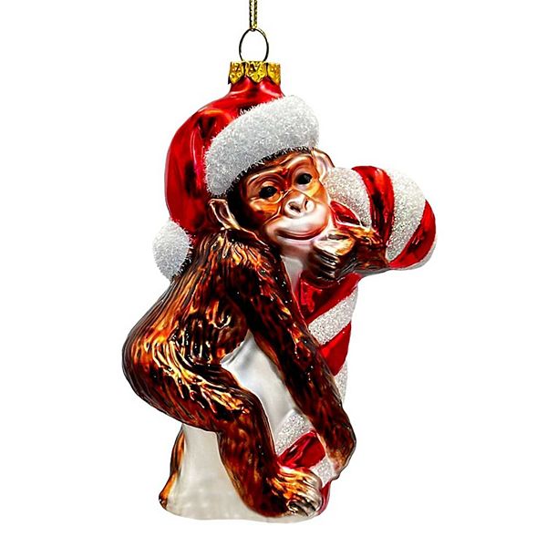 Cute Monkey with Candy Cane Glass Christmas Ornament, Adorable Chimp Holiday Tree Decor OrnamentallyYou