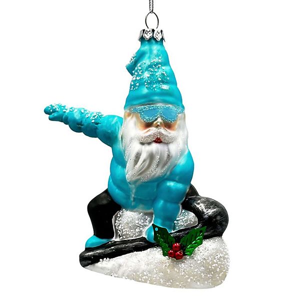 Snowboarding Gnome Glass Christmas Ornament, Winter Blue Aspen Tree Decor OrnamentallyYou