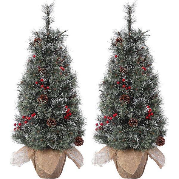 2pcs 3ft Mini Pre-Lit Christmas Tree, Artificial Tabletop Snow Flocked Xmas Trees with Burlap Base HD