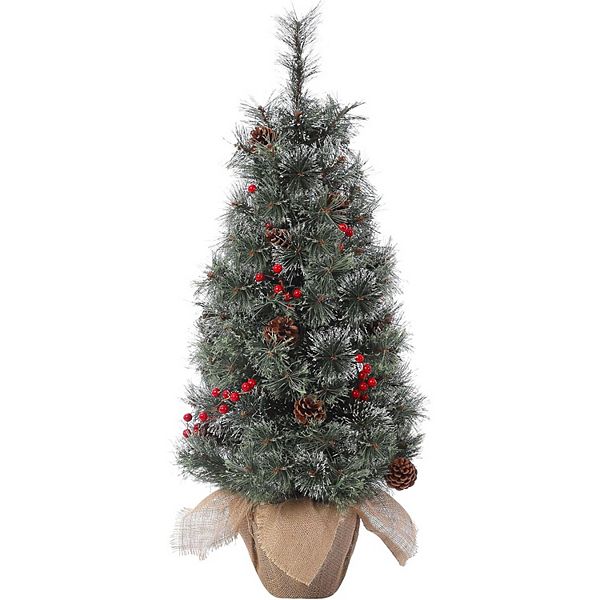 3ft Mini Pre-Lit Christmas Tree, Artificial Tabletop Snow Flocked Christmas Trees with Burlap Base HD