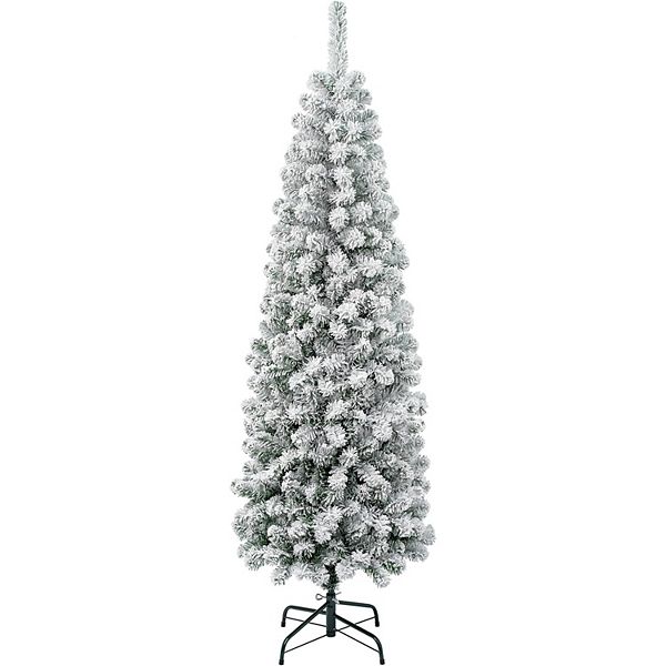 7ft Snow Flocked Artificial Christmas Tree, Pre-Lit Hinged Pine Holiday Xmas Tree With LED Lights HD