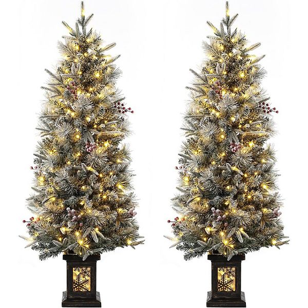 4.5FT Prelit Premium Snow Flocked Artificial Christmas Tree with 8 Mode LED,Snowflake Base-2PCS HD