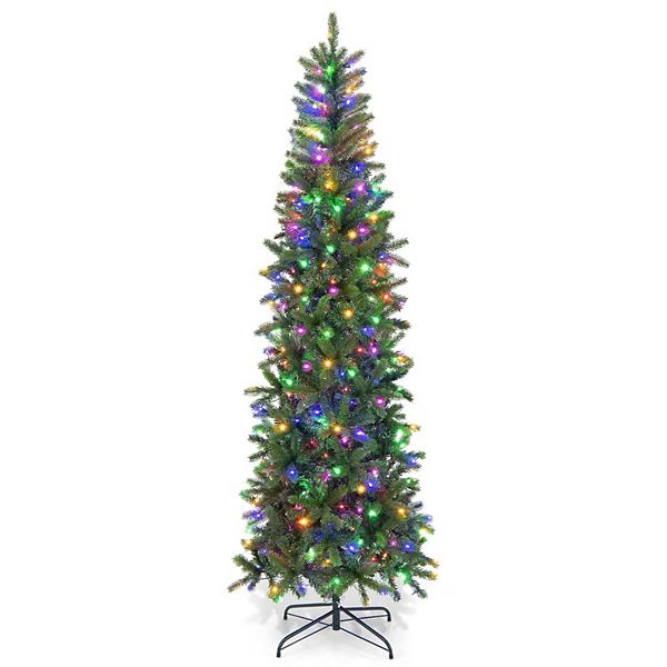 7ft Artificial Christmas Tree, Pre-Lit Pencil Xmas Tree, Slim Holiday Xmas Tree With color Lights HD