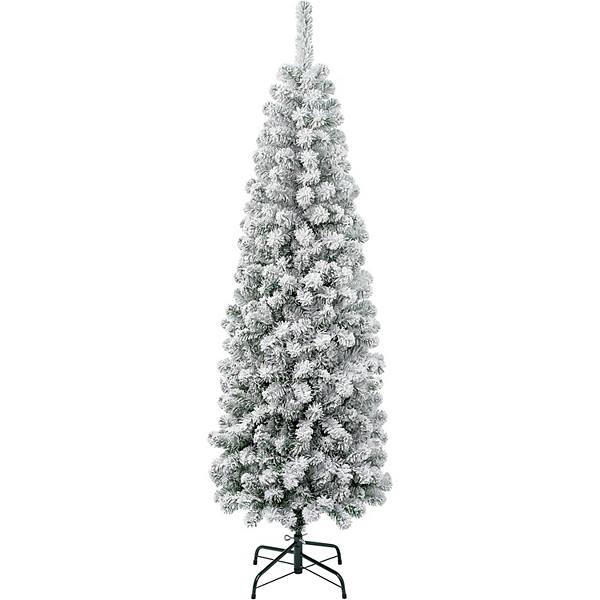 6ft Snow Flocked Artificial Christmas Tree, Pre-Lit Hinged Pine Holiday Xmas Tree With LED Lights HD