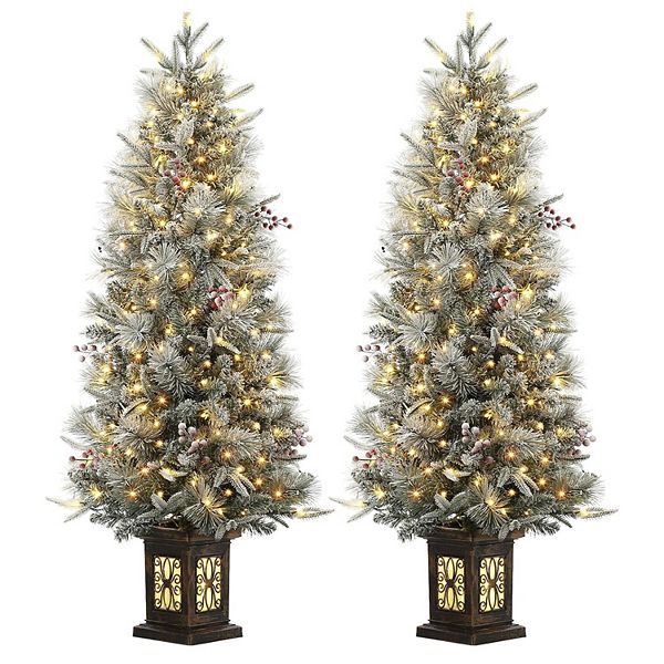 4.5ft Pre-Lit Snow Flocked Christmas Tree , Artificial Potted Xmas Tree with 200 Warm Lights,2 PCS HD