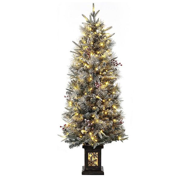 4.5FT Prelit Premium Snow Flocked Artificial Christmas Tree with 8 Mode LED, Snowflake Base HD