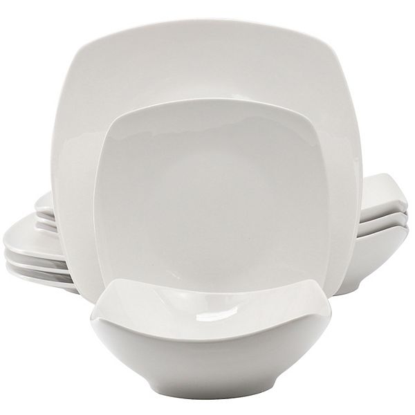 12 Piece Square Fine Ceramic Dinnerware Set in White Gibson Home