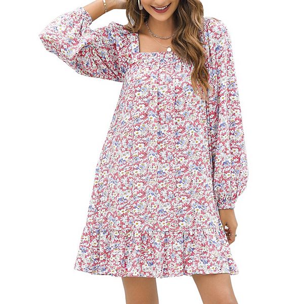 Women’s Long Sleeve Babydoll Floral Tiered Ruffle Hem Flowy Mini Dress with Pockets Kojooin