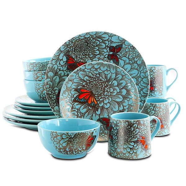 Elama Butterfly Garden 16 Piece Stoneware Dinnerware Set Elama