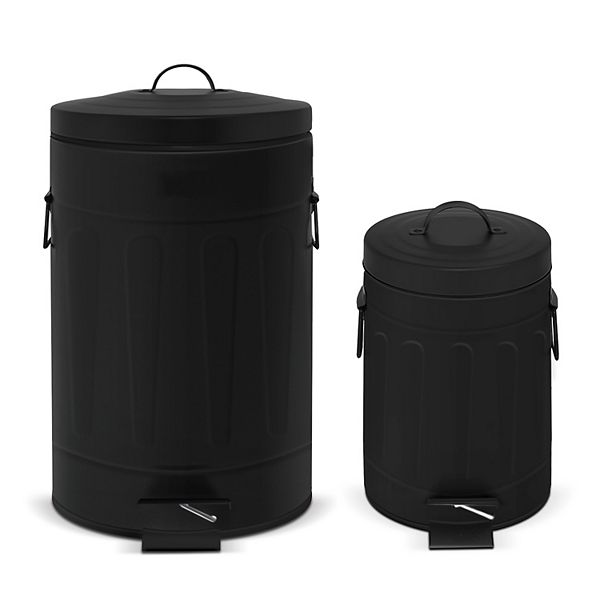 3.2 Gal./12 Liter and 0.8 Gal./3 Liter Old Time Style Round Black Color Metal Step-on Trash Can Set Mega Casa