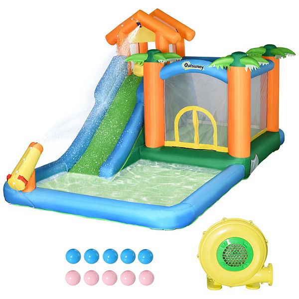 Outsunny 5-in-1 Inflatble Water Slide Kids Bounce House Summer Theme Jumping Castle Includes Slide Trampoline Pool Water Gun Climbing Wall with Carry Bag, Repair Patches and 450W Air Blower Outsunny