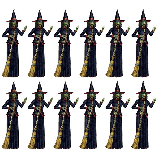 Club Pack of 12 Black and Red Jointed Witch with Broom Halloween Figurines 6.2' Party Central