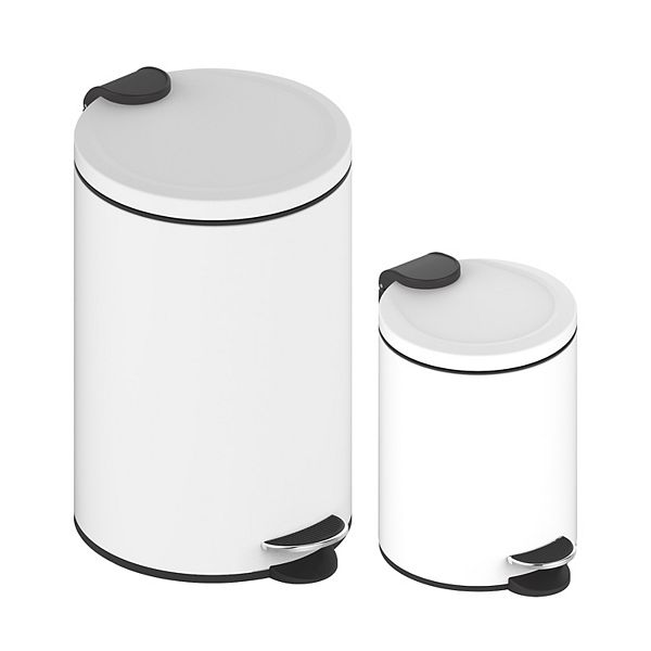 3.2 Gal./12-Liter and 0.8 Gal./3 Liter Stylish Round White Metal Step-on Trash Can Set Mega Casa