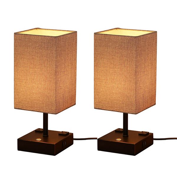 15 in. Black Desk lamp with Charging outlet and USB port Fabric Shade(set of 2) Cedar Hill