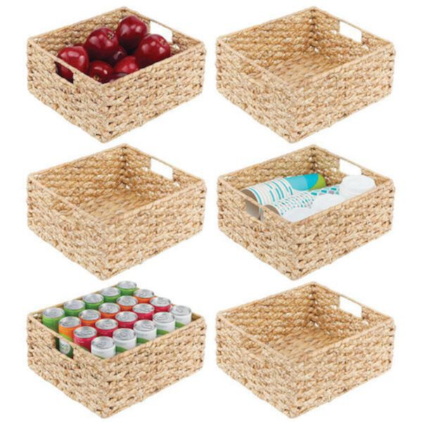 mDesign 12" x 13" x 6" Water Hyacinth Braided Weave Pantry Basket - 6 Pack MDesign