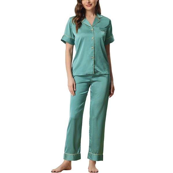 Women's Satin Sleepwear Short Sleeve Button Down T-shirt With Pants Couple Pajama Sets Cheibear