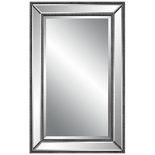 32 Inch Wood Wall Mirror, Beveled Mirror Frame, Silver Benzara