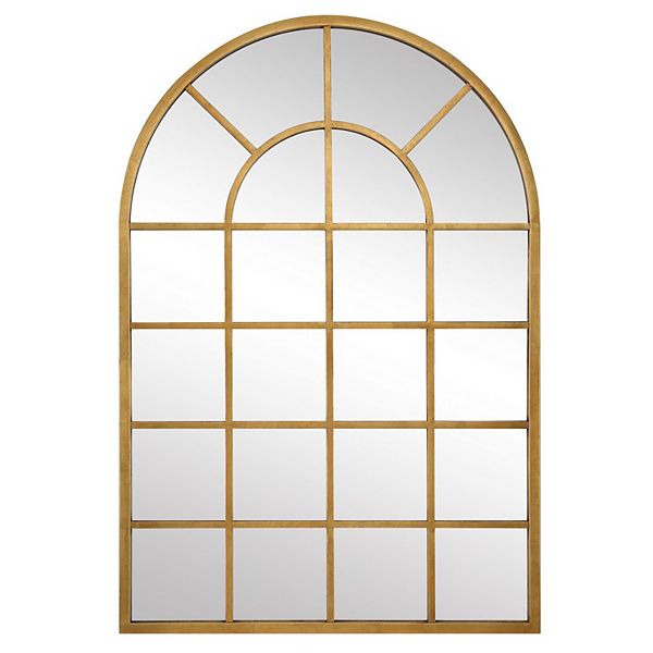 44 Inch Wood Wall Mirror, Arched Windowpane Shape, Antique Gold Benzara