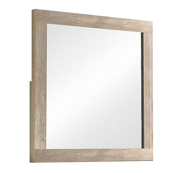 Transitional Style Grained Wood Encased Square Mirror, Cream Benzara