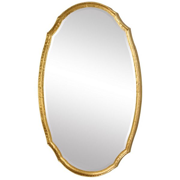 36 Inch Wood Wall Mirror, Oval Shape, Concave Surface, Gold Benzara