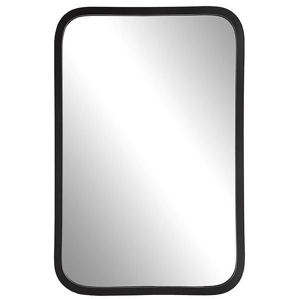 30 Inch Wood Rectangular Wall Mirror, Rounded Corners, Black Benzara