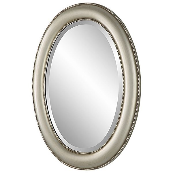 29 Inch Wood Wall Mirror, Beaded Oval Shape, Metallic Silver Benzara