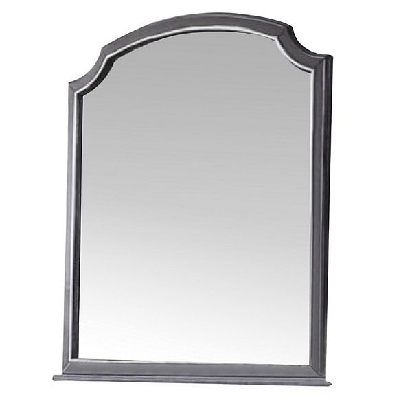 39 Inch Wood Mirror, Scooped Corners, Silver Trim, Charcoal Gray Benzara