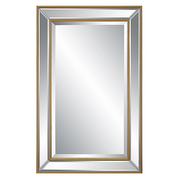 32 Inch Wood Wall Mirror, Beveled Mirror Frame, Gold Benzara